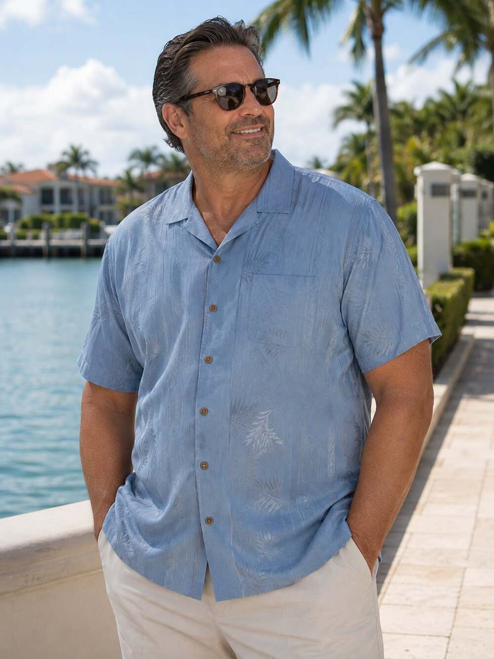 Tommy Bahama Men’s XXL Blue Silk Linen Tropical Leaf Jacquard Shirt